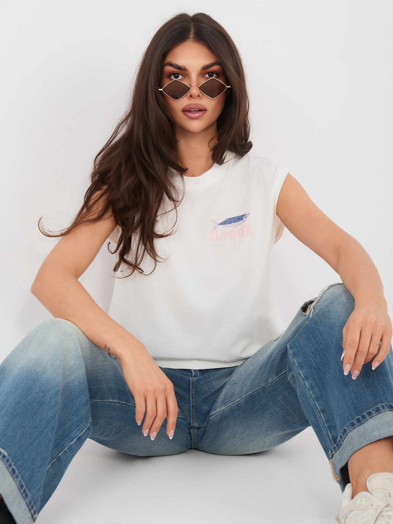 Sardines Cotton Printed T Shirt in White