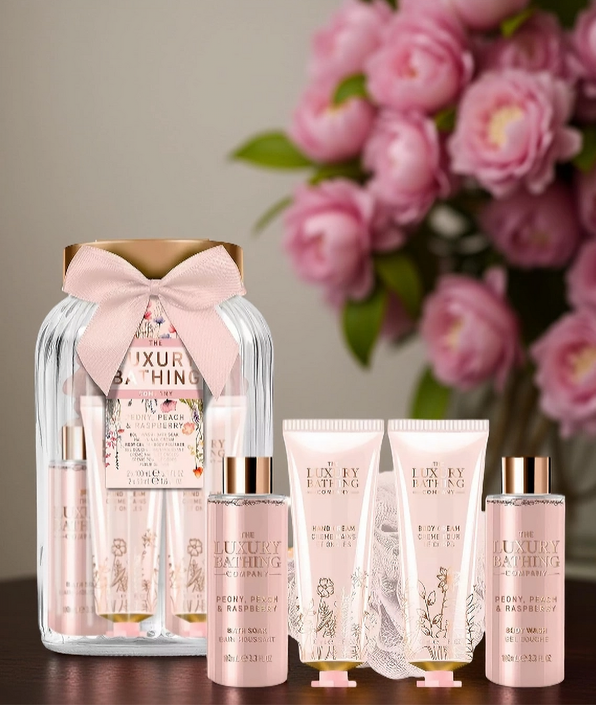 Peony, Peach & Raspberry Pure Indulgence Set in Glass Lidded Vase