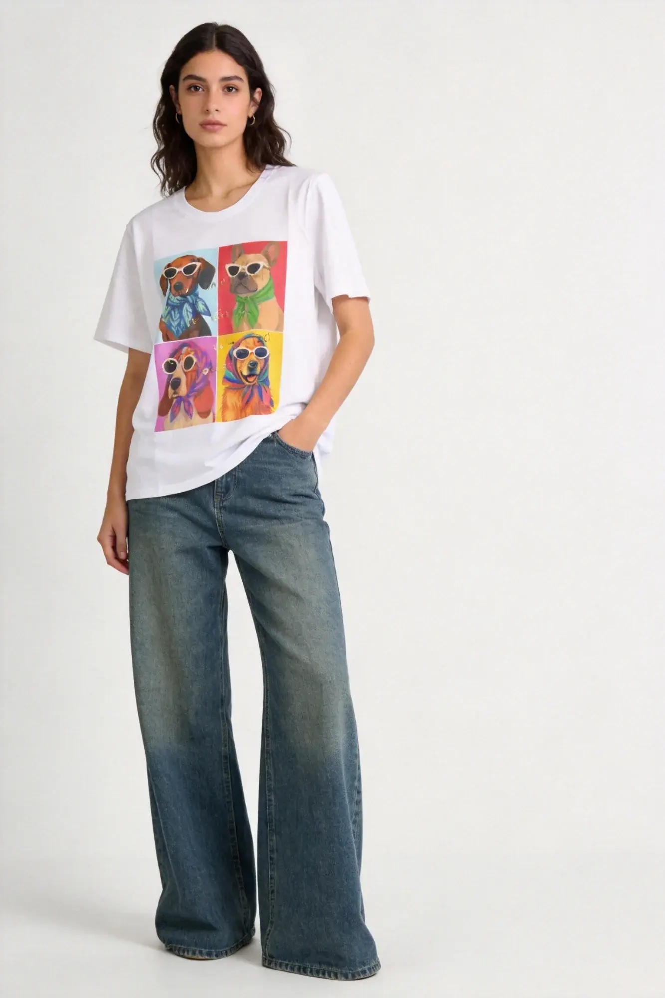 Dog Pop Art Cotton Printed T Shirt in White