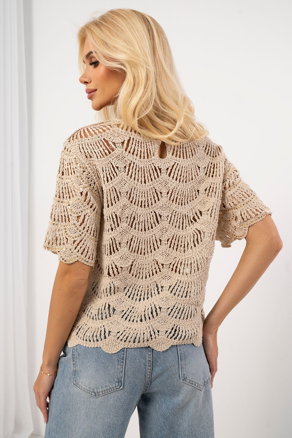 Thumbnail: Denisa Round Neck Openwork Sequined Knit in Beige