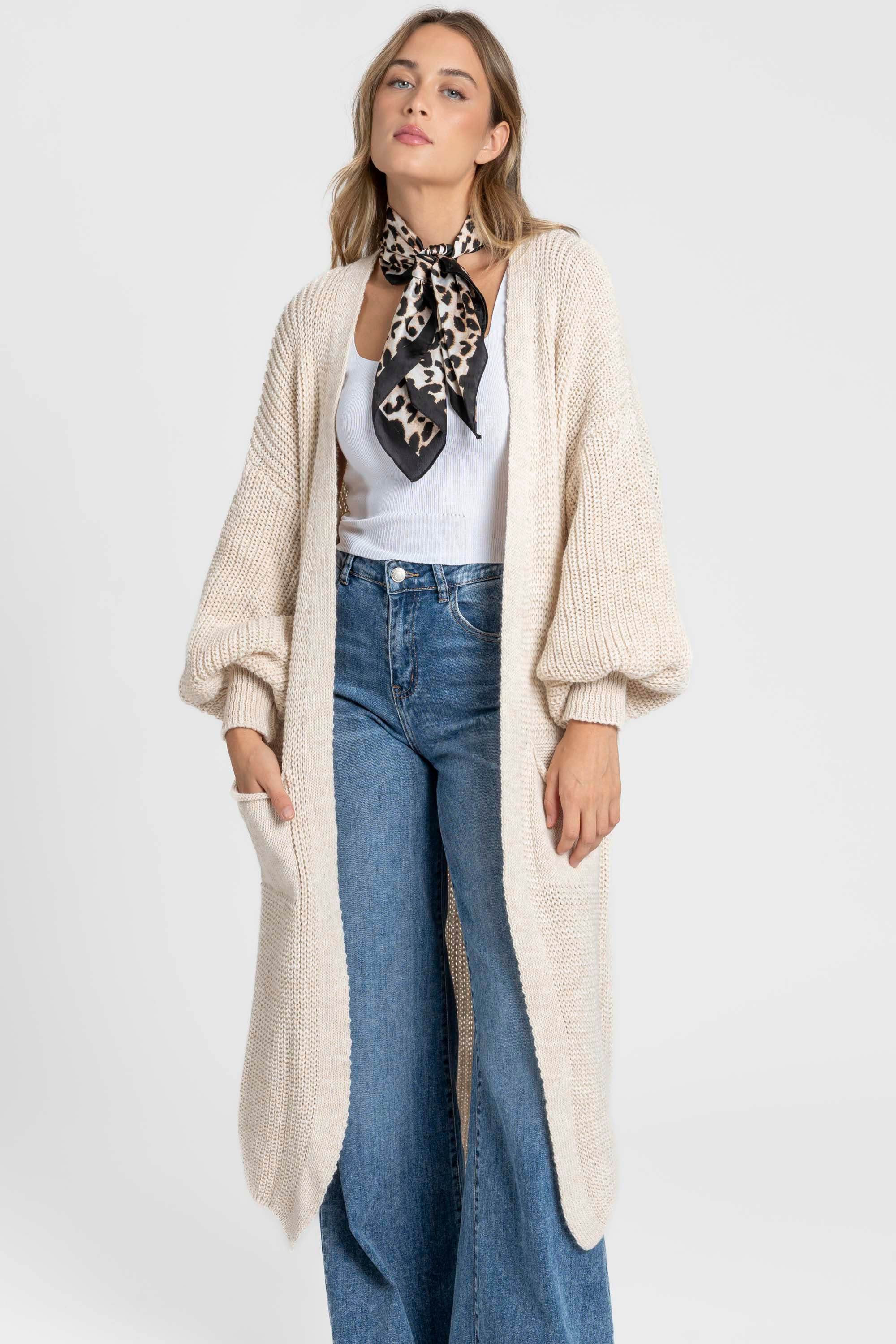 Vale Ribbed Knit Longline Cardigan in Beige