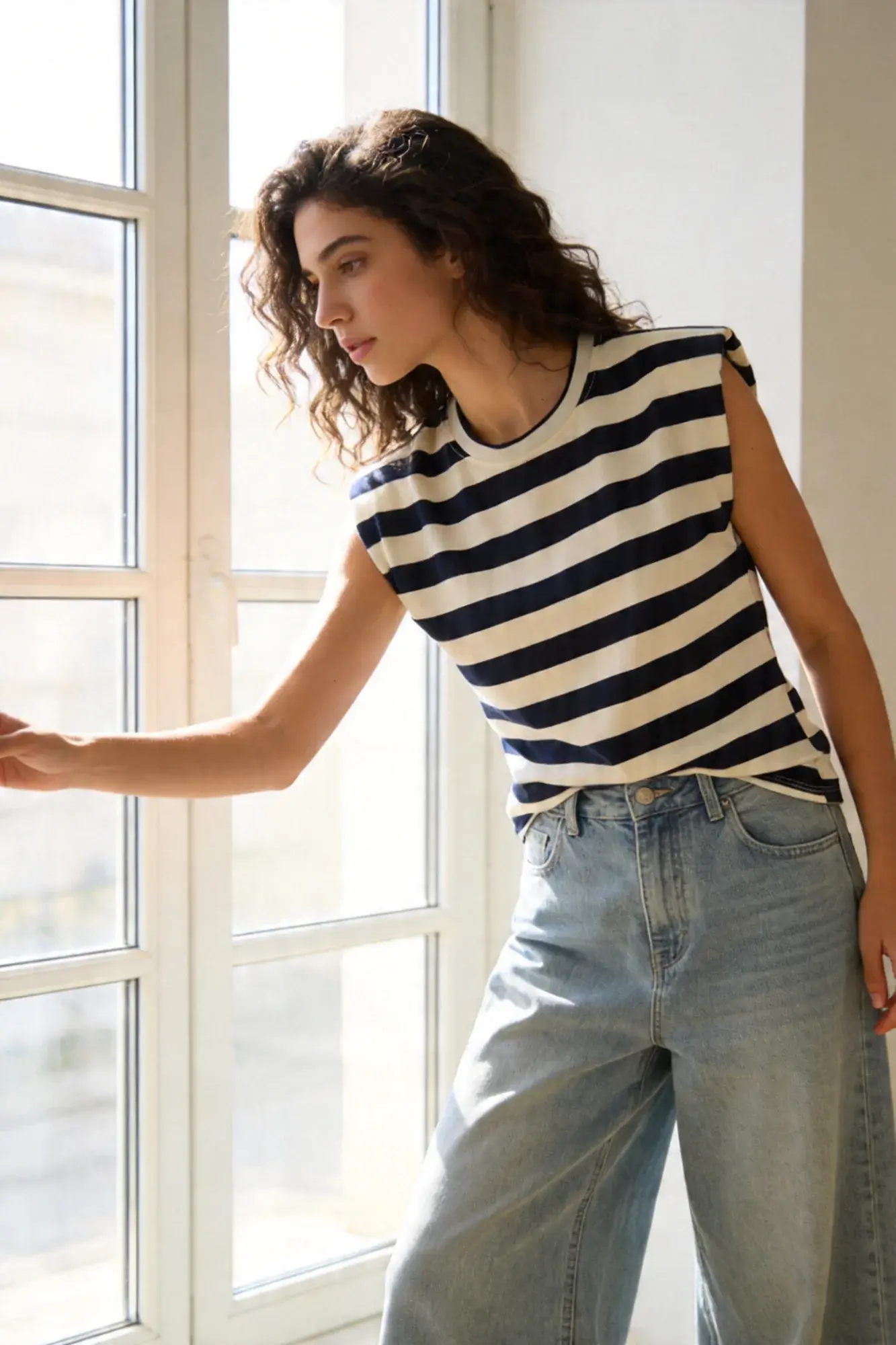 Lia Striped Cotton Blouse in Navy Blue