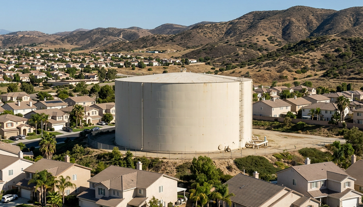 Wide-angle view of a water storage tank near a quiet Southern California neighborhood.