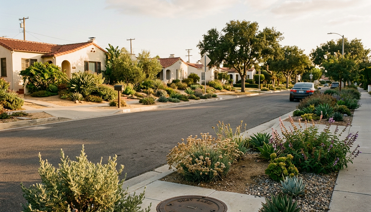 Eye-level view of a calm residential street with native plants and dry-weather landscaping.