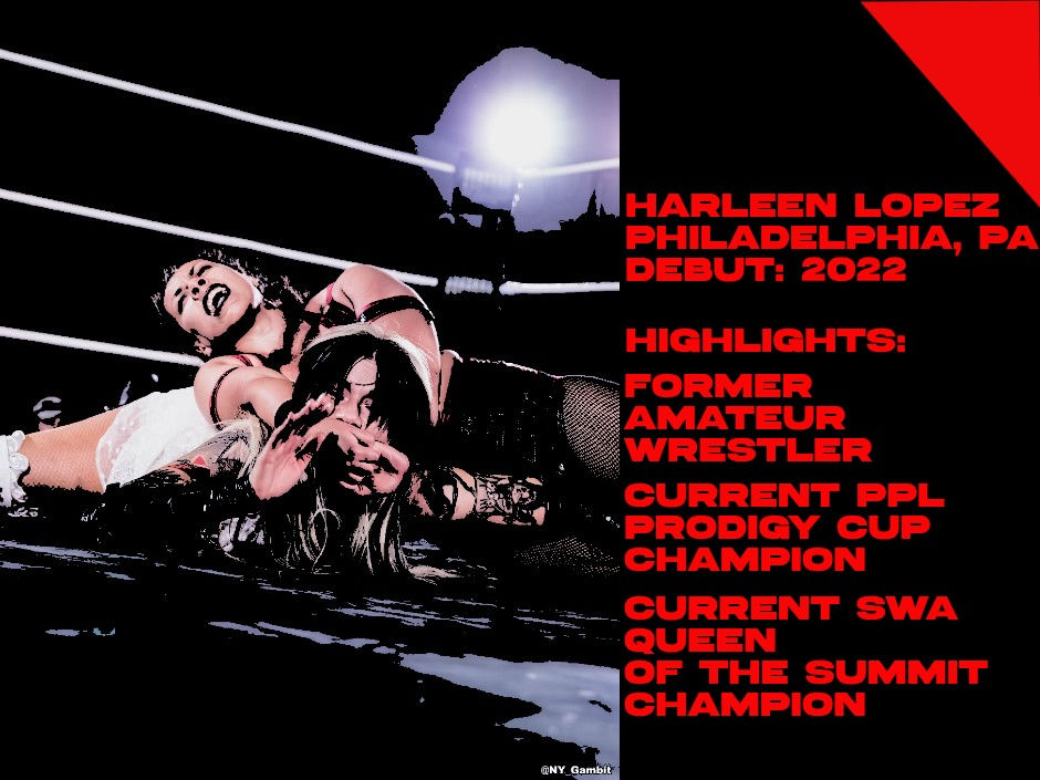 An image of Harleen Lopez wrestling that lists her career accomplishments