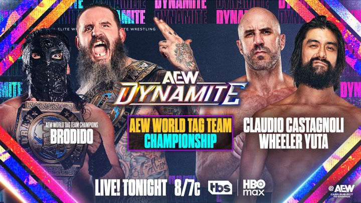 Wrestlers Bandido, Brodie King, Wheeler Yuta, and Claudio Castognoli with title belts on a vibrant AEW Dynamite poster.