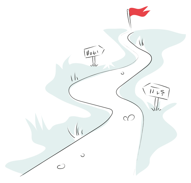 Illustration d'un chemin menant à un drapeau rouge, entouré de panneaux