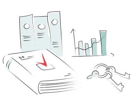 Illustration comprenant 4 éléments: 3 classeurs, 1 graphique, 1 livre et 1 trousseau de clés