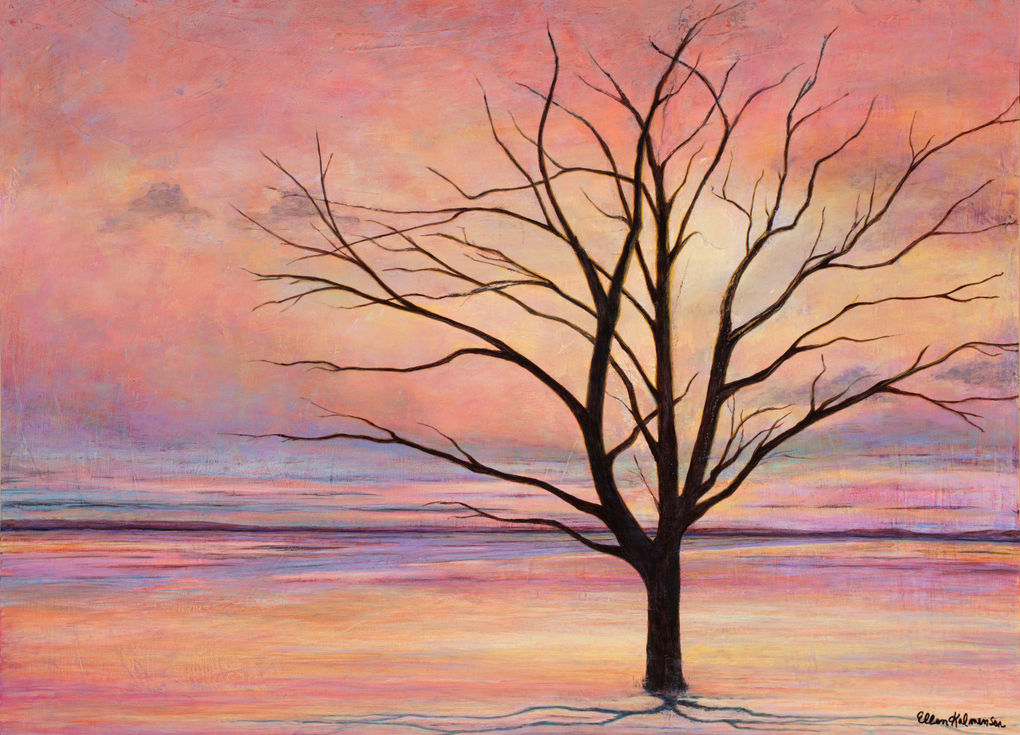 Imagination original fine, art canvas painting by Ellen Kalmenson, pink lavender Meadow and sky