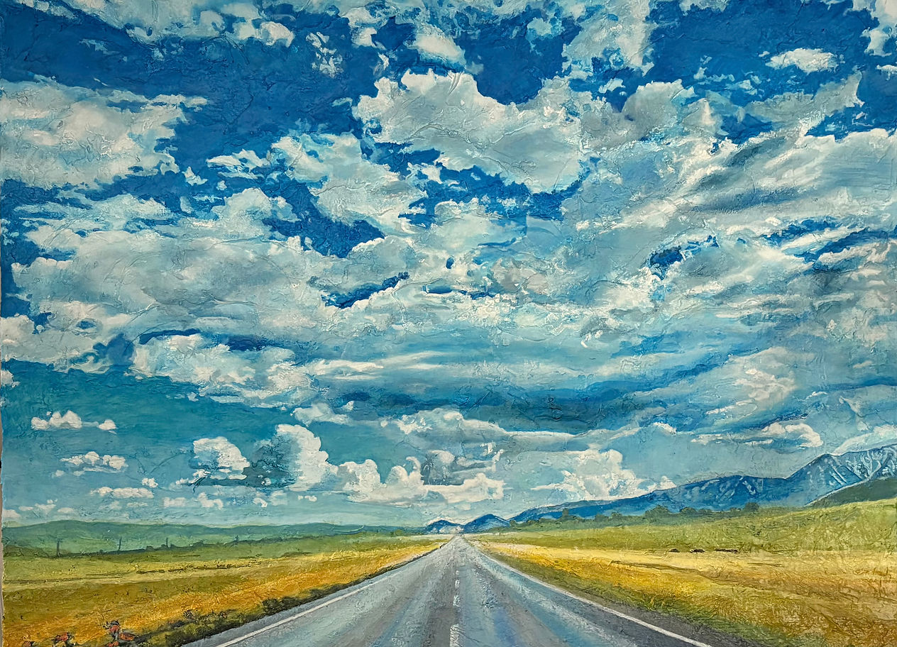 Original landscape painting Highway 395 disappearing into the sky, bright puffy clouds