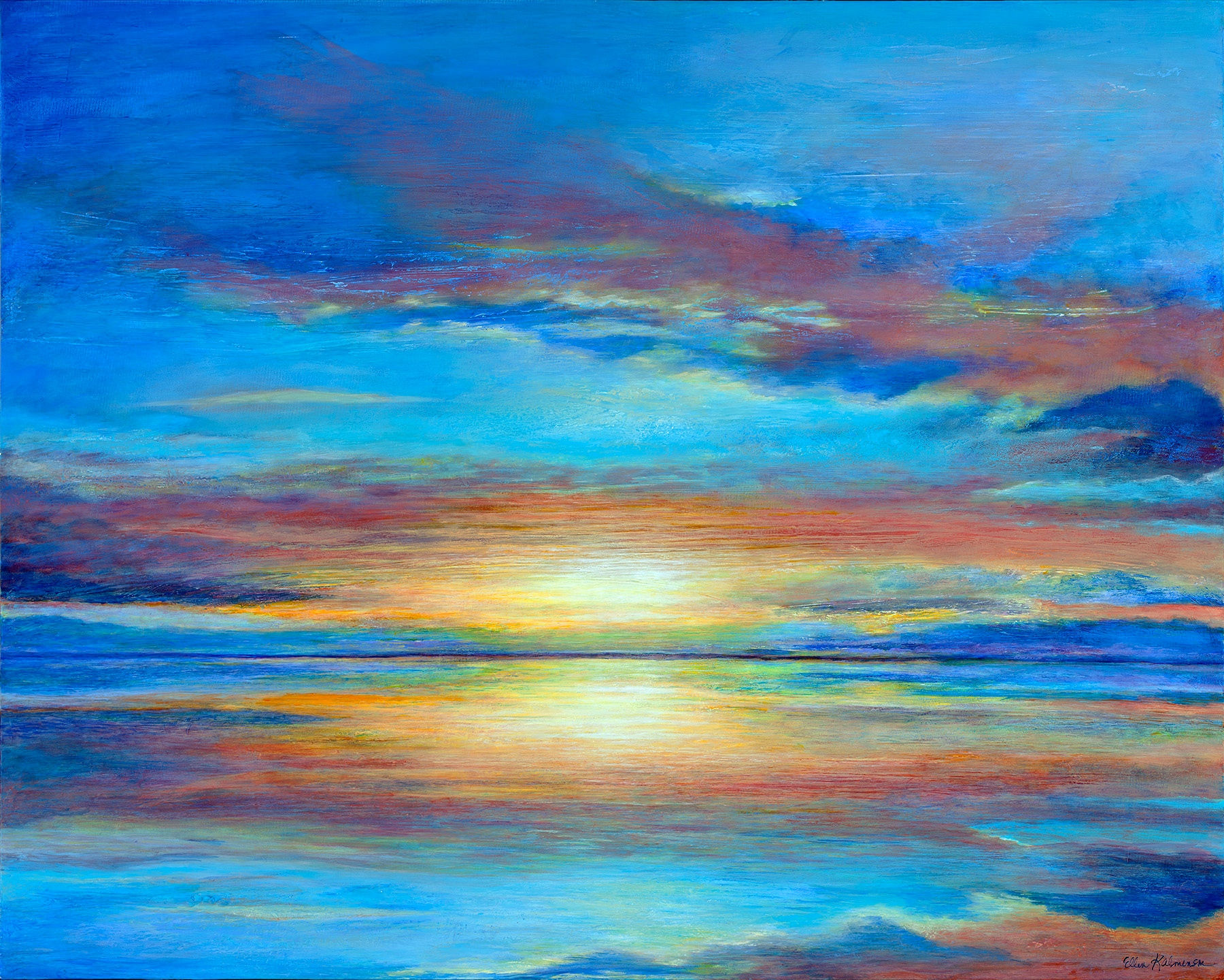 Ocean sunset Seascape with mirrored reflections of colorful sky and blue water