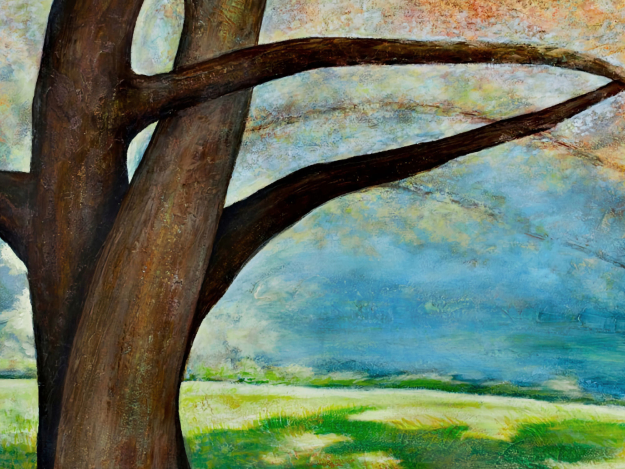 Intertwined trees growing together Blue sky trees landscape painting