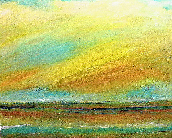Golden sky across open landscapes with turquoise and orange in a Gold oasis