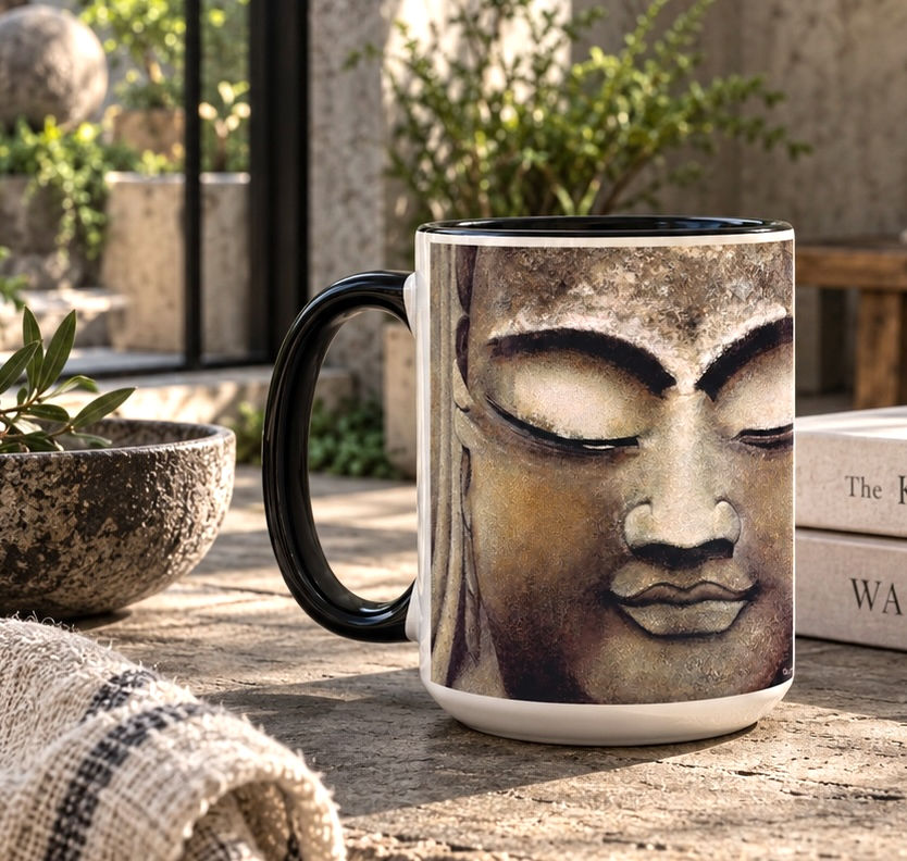 Stillness In Stone Buddha Art Mug having morning coffee in a calming garden design setting decor