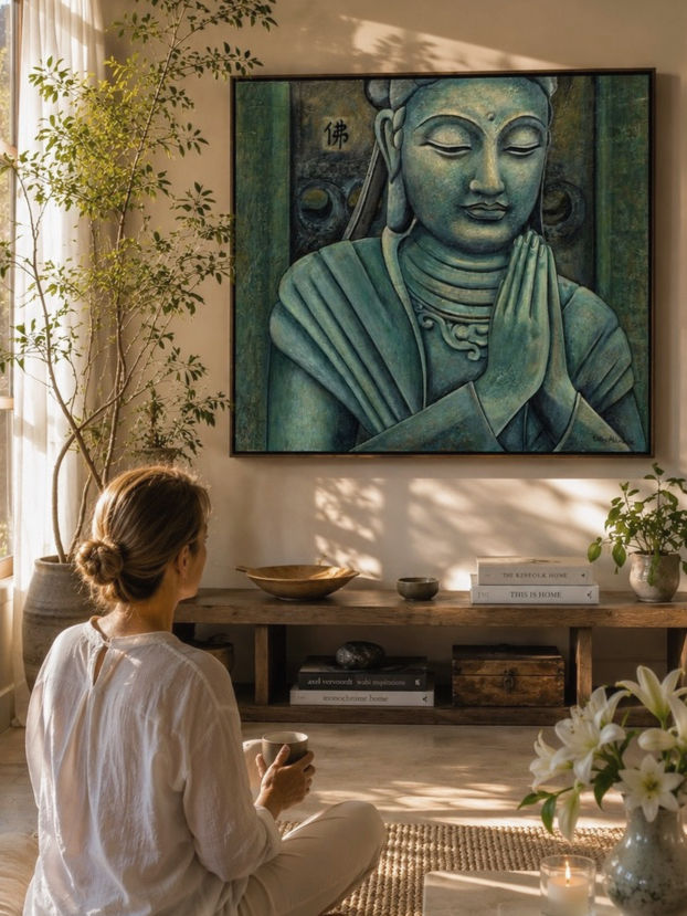 Namaste Buddha Art Living Original Fine Art Canvas Print painting of love and compassion in a zen Art Living, room