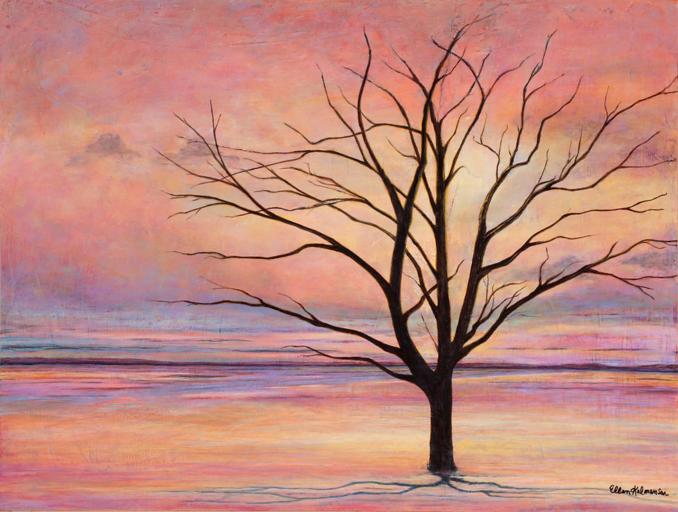 A solitary tree, a luminous sky with gentle layers of pink lavender and golden light landscape