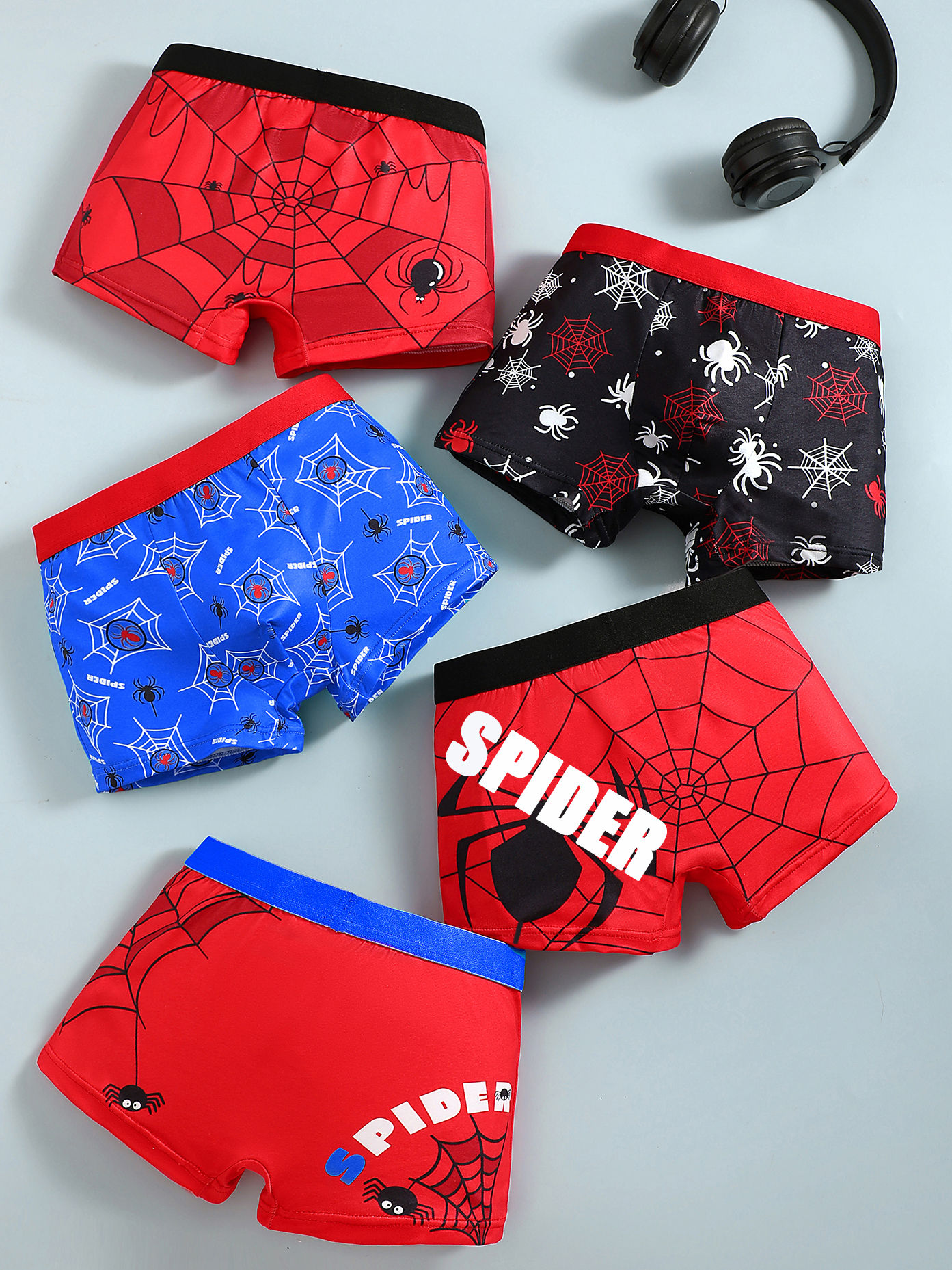5-Piece Mixed Pack of Boys' Underwear with Spider Print, Cartoon Design, Soft an