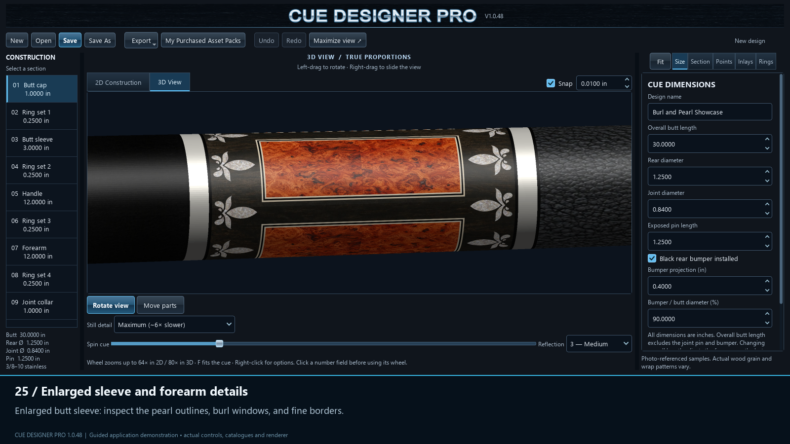 Close-up of ebony sleeve, orange burl windows, pearl inlays, and cream rings in Cue Designer Pro