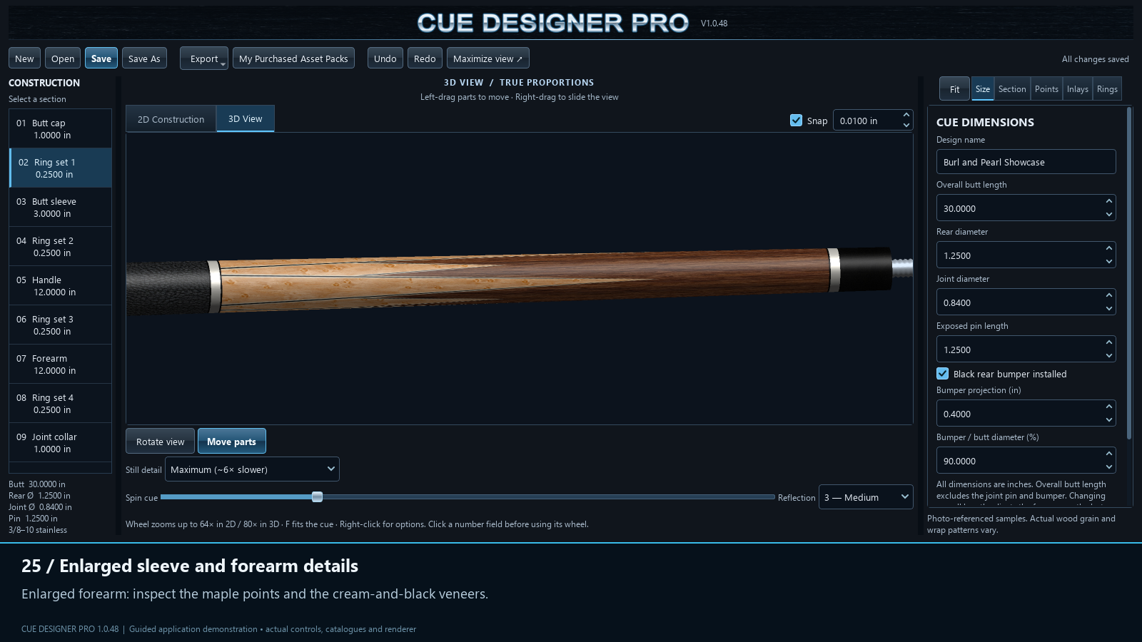 Rosewood forearm with maple points, cream-and-black veneers, and black leather wrap in Cue Designer Pro
