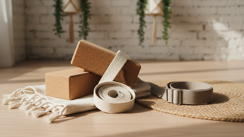Close-up view of yoga props including blocks and straps on a wooden floor