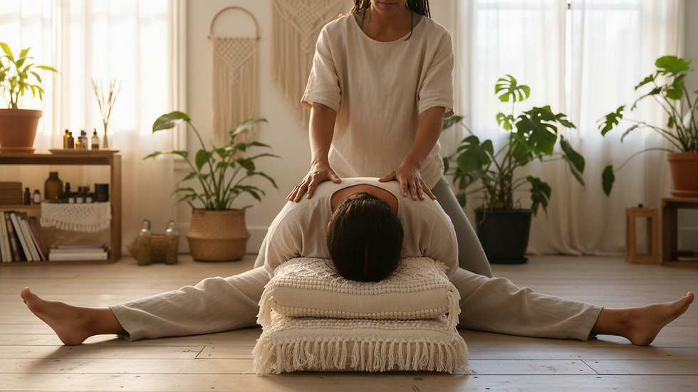 Close-up view of a yoga instructor guiding a student in a deep stretch pose