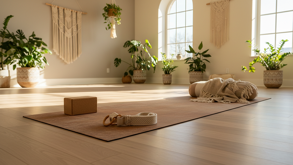 Eye-level view of a yoga mat with a yoga block and strap on wooden floor