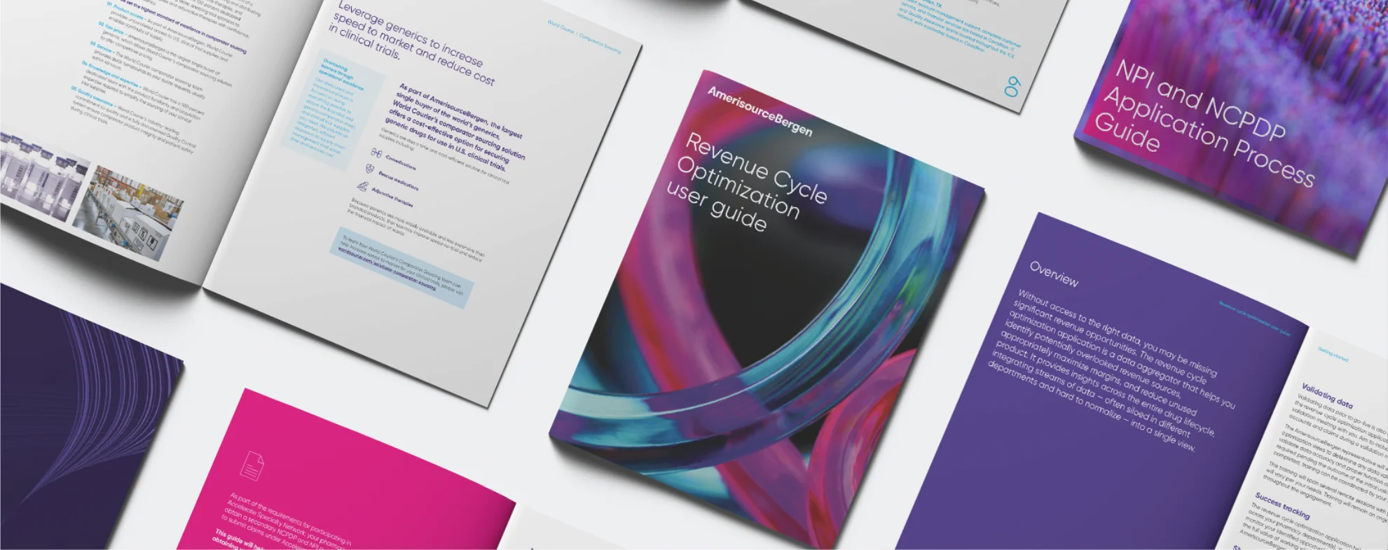 A series of sales booklets on an angel, some open to spreads while others of just the cover