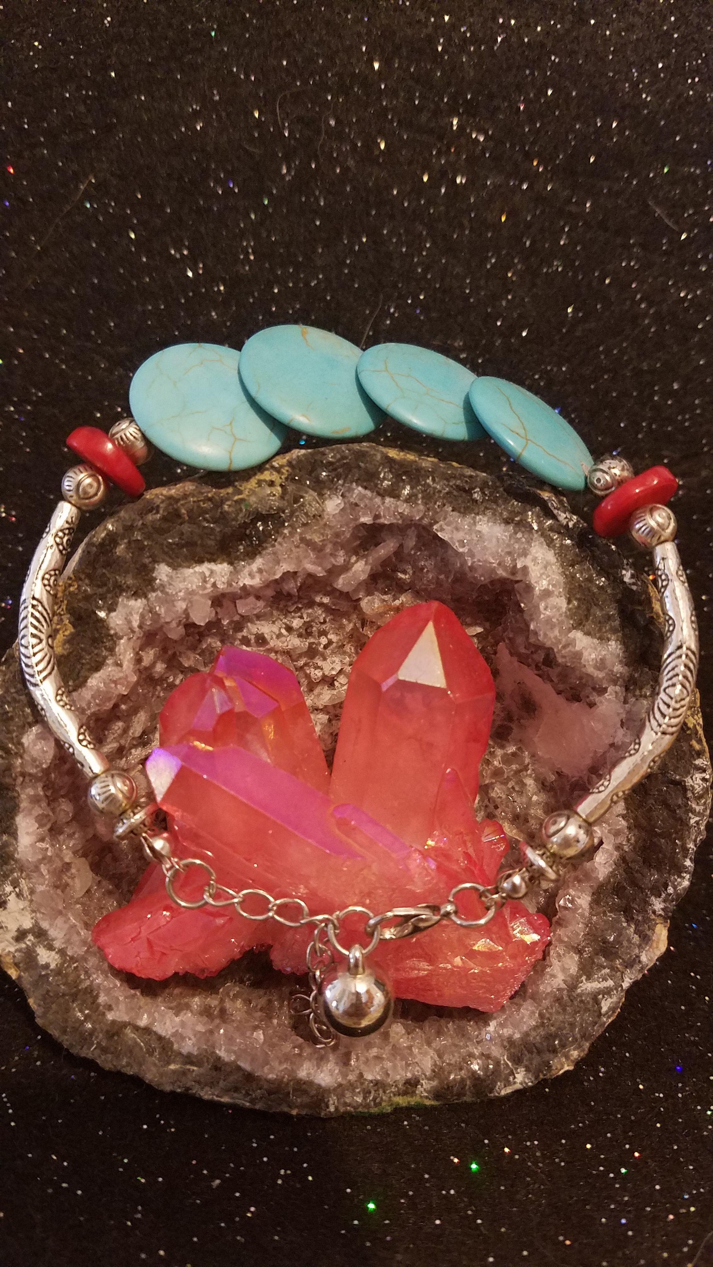 Turquoise, red coral and Tibetan silver bracelet 