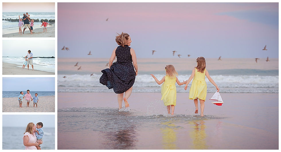 portraits of parents and children playing together on the beach