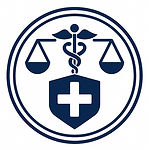 Símbolo médico com balanças, cruz e escudo; Advocacia Médica Preventiva.