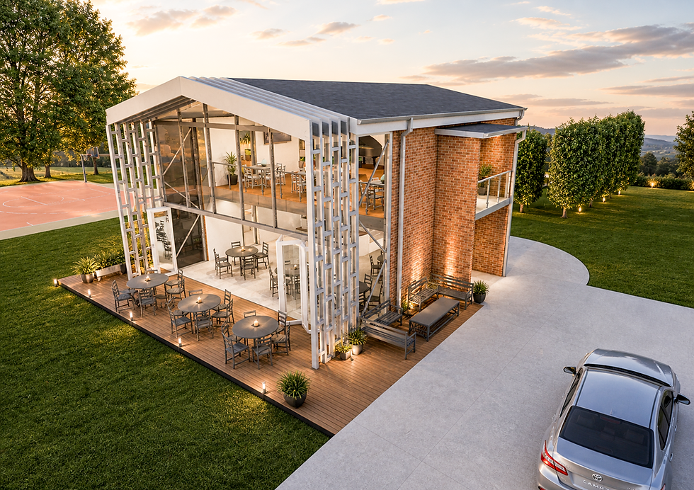 Modern two-storey commercial building design with exposed steel framing, brick feature walls, large glazed facade, outdoor deck seating and landscaped surrounds.