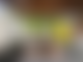 Midcentury modern living room with a gray sectional sofa, colorful cushions, abstract art, and a plant. Large windows show trees and a yellow door. Architect Mary L. Davis