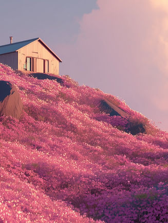 A house on a pink flower-covered hill beneath a pastel sky. Rocks peek through the blooms, creating a serene, dreamy atmosphere. Symbolizing Distressed Real Estate Investment