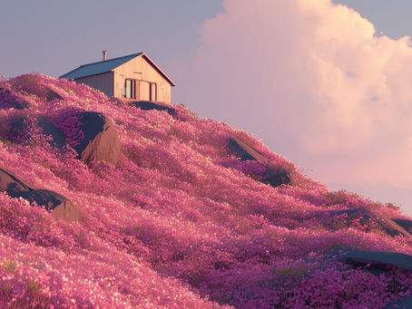 A house on a pink flower-covered hill beneath a pastel sky. Rocks peek through the blooms, creating a serene, dreamy atmosphere. Symbolizing Distressed Real Estate Investment