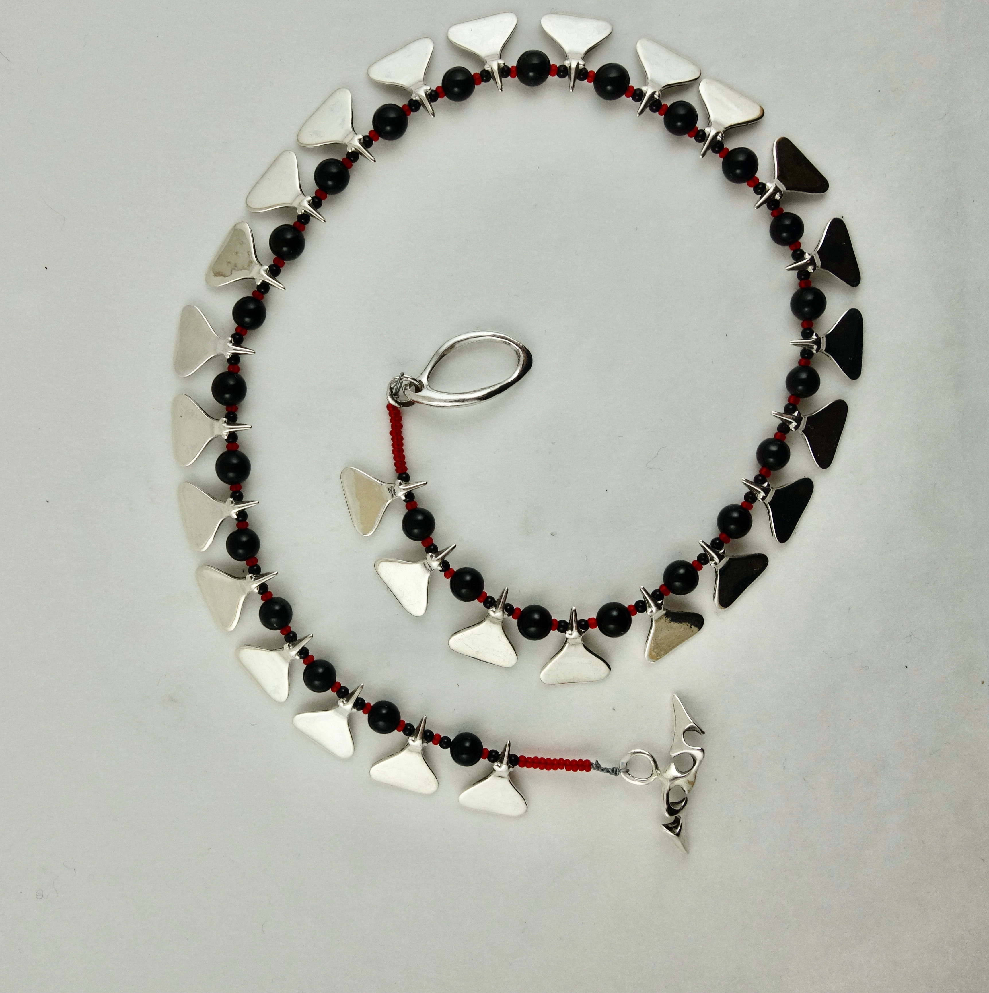 Birds Necklace Handmade Silver, Onyx and glass beads