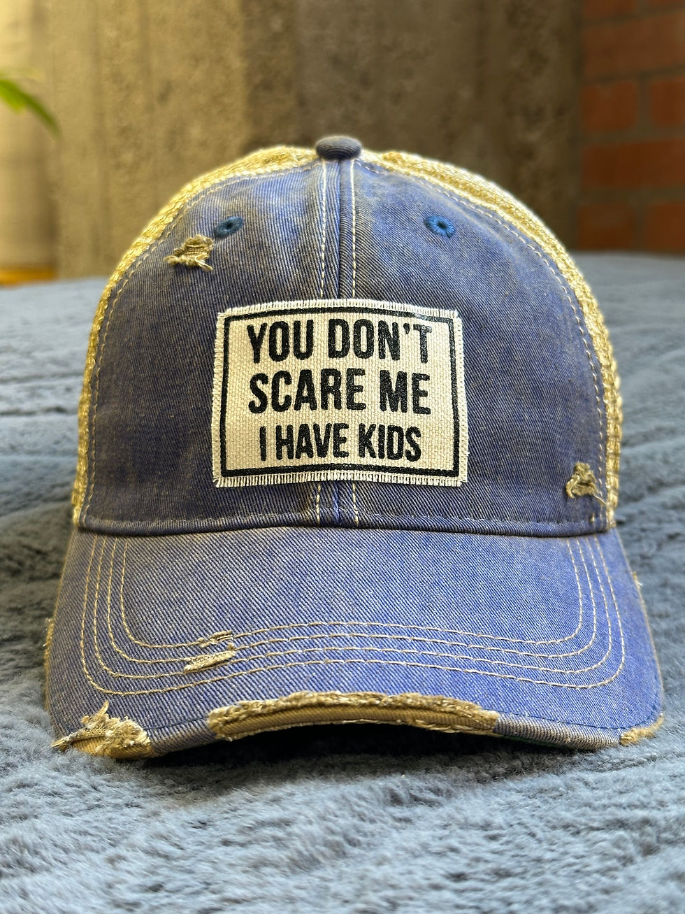 Vintage Trucker Hat or Snapback Cap with Patch that reads You Don't Scare Me I Have Kids.