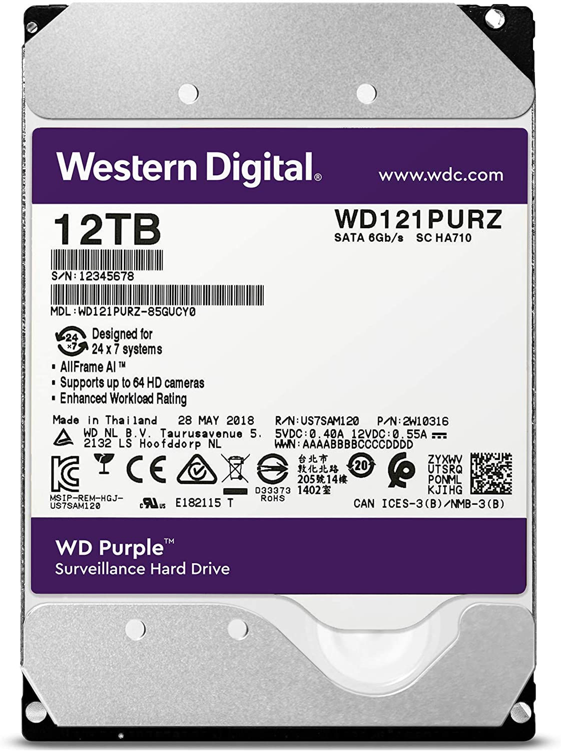 Western Digital WD121PURZ 12TB SATA 3.5"256MB AV Brand WD Purple 7200 RPM Bare