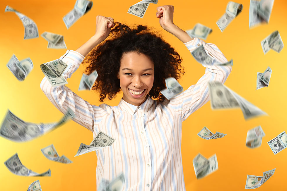 Happy African-American woman and falling dollar banknotes on color background.jpg