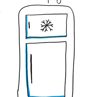 Dessin à la main d’un réfrigérateur blanc et bleu, avec le titre « Le frigo » écrit au-dessus et un flocon dans la partie supérieure.