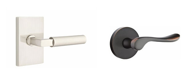 LEFT: Hercules Lever with Modern Rectangular Rosette in Satin Nickel RIGHT: Luzern Lever with Disc Rosette in Oil Rubbed Bronzeand Luzern Levers