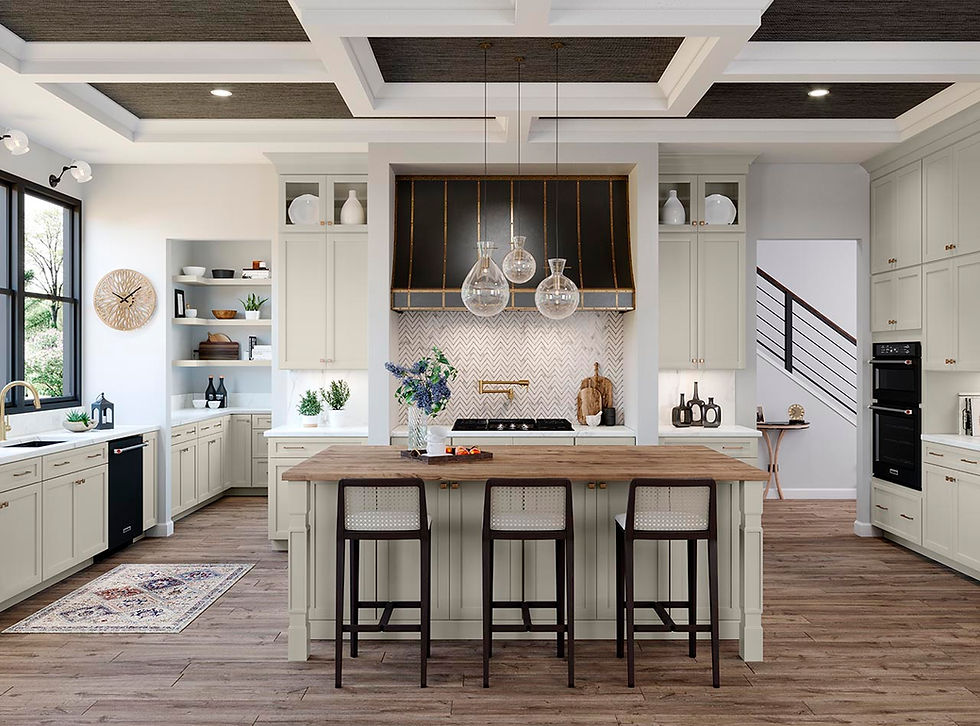 Timeless kitchen cabinets with white shaker cabinets, large island seating, and coffered ceiling design