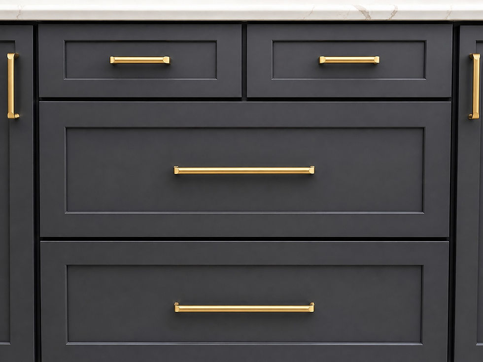 Dark shaker cabinet drawers with gold bar pulls in a clean, modern kitchen design