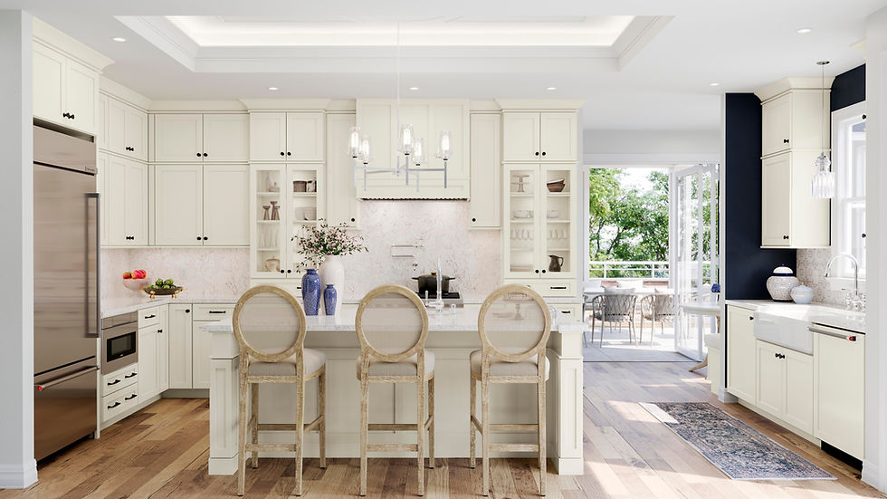 White and cream kitchen cabinets with classic design, large island seating, and bright open layout