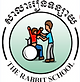 The Rabbit School written in English and Khmer creating a circle around two people, one in a wheelchair, one standing