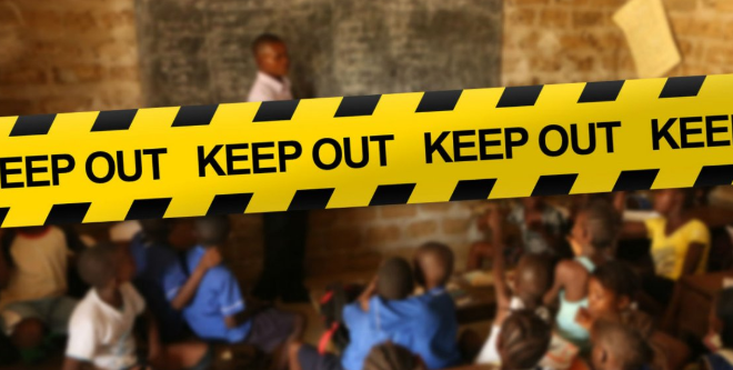 caution tape in front of children