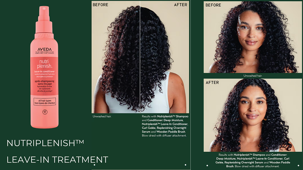 Before and after photos of a woman with curly hair demonstrating the hydrating results of Aveda Nutriplenish Leave-In Treatment. The before images show unwashed, frizzy hair. The after images show defined, shiny curls styled with Nutriplenish Deep Moisture Shampoo and Conditioner, Leave-In Conditioner, Curl Gelée, and Replenishing Overnight Serum.
