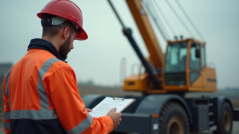Close-up view of a crane operator performing a pre-operation inspection checklist