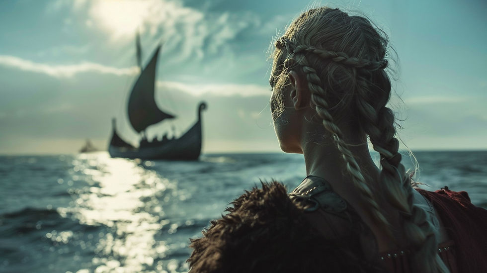 Wikinger Frau schaut einem Schiff zu wie es den Hafen verlässt
