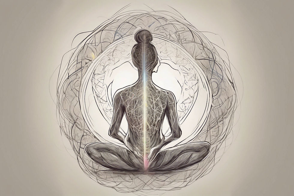 Silhouette of a person meditating in lotus position, with chakra points glowing. Abstract lines surround them, creating a serene atmosphere.