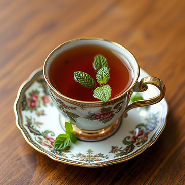 antique cup and saucer filled with mint tea.jpg